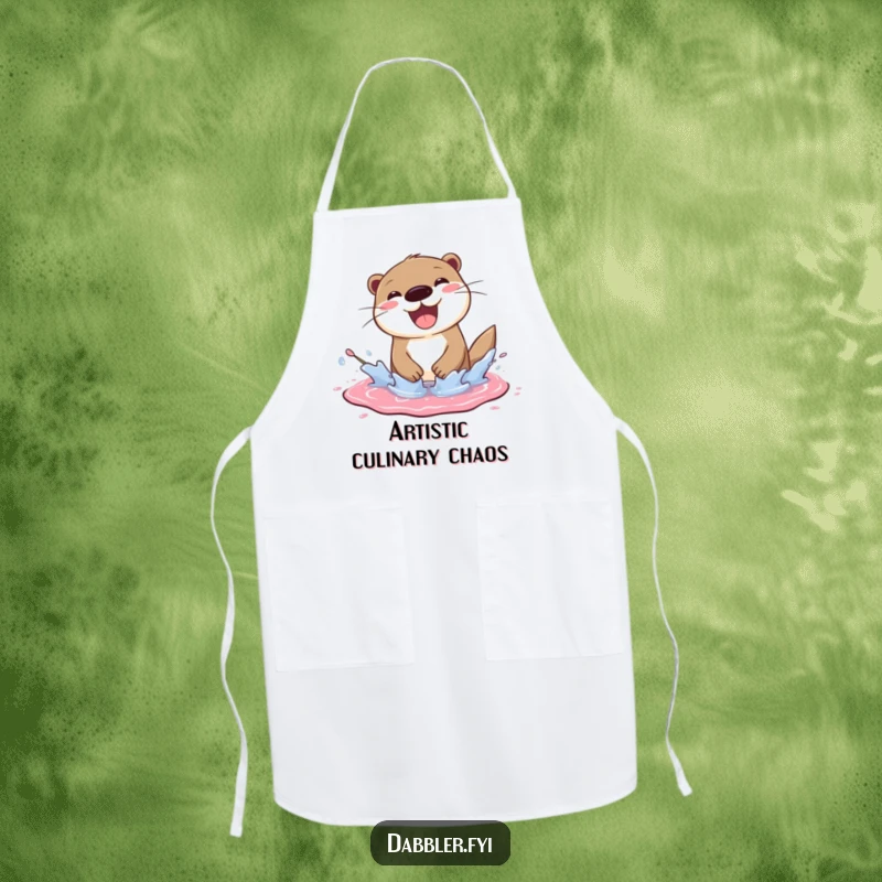 Funny otter apron showing a cheerful otter splashing joyfully in a paint puddle, a practical funny gift.