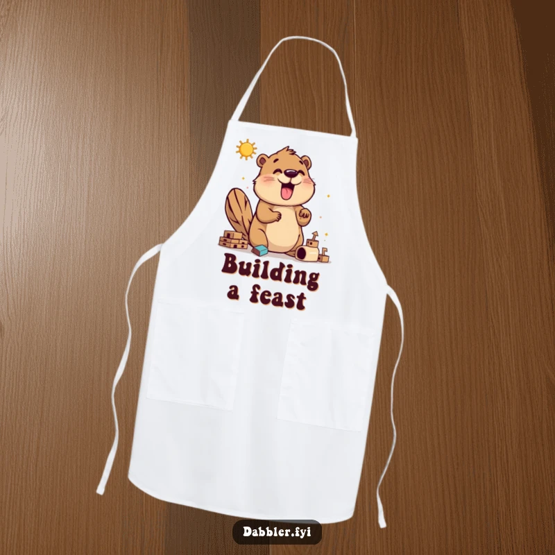 Funny beaver builder apron showing a happy beaver exploring construction techniques, perfect for chefs who enjoy humorous kitchen wear and building themes.