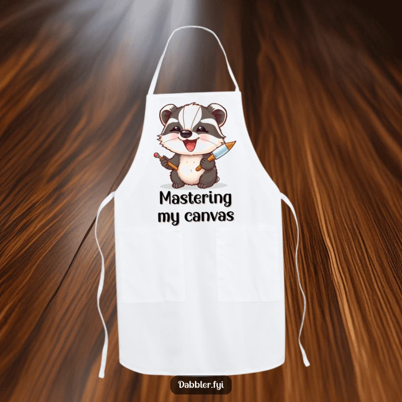 Funny Apron: A delighted badger enthusiastically uses a palette knife, creating art with joyful splatters of paint, perfect for messy creators.