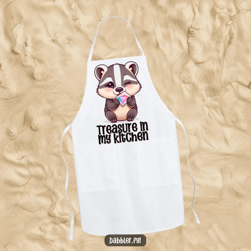 Funny chef apron showing a surprised badger winking while holding a sparkly gem, perfect for kitchen fun.