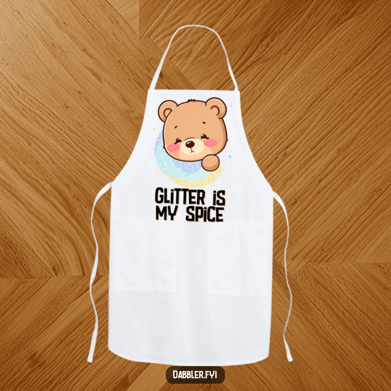 Funny Apron: A curious bear character intently watching a swirling pattern of glitter, making cooking fun.