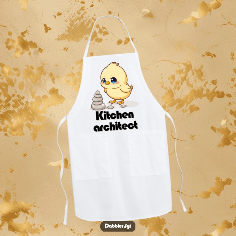 Funny chef apron depicting a determined chick trying to stack small pebbles, adding humor to kitchen tasks.