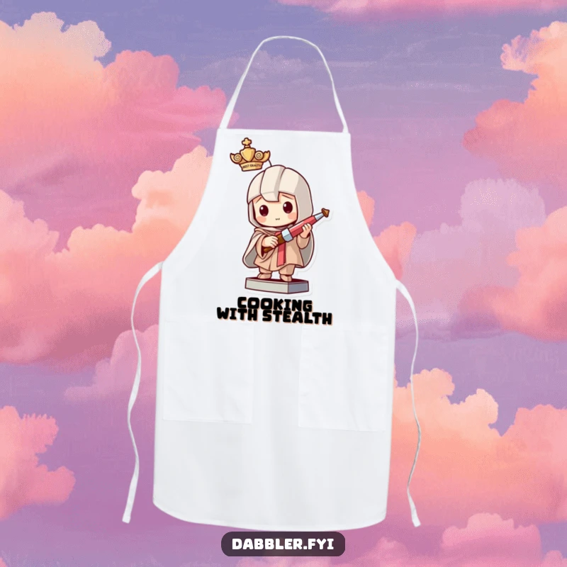 Funny apron design of a mischievous character pretending to be a statue holding a tiny crafting tool, ideal for protecting clothes during creative endeavors.