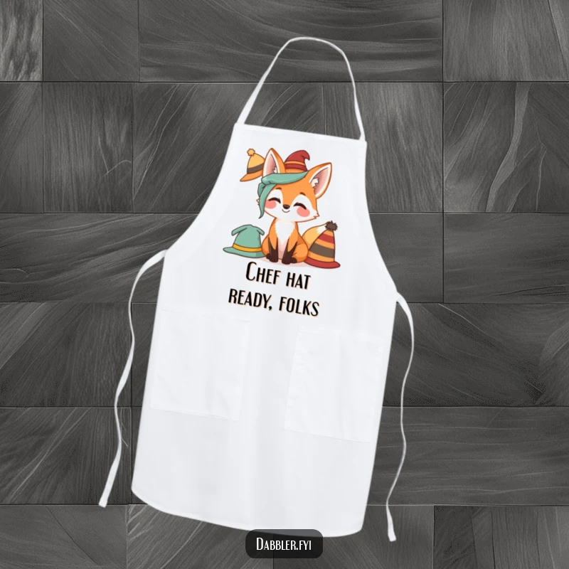 Funny Fox Apron featuring a giggling fox trying on various hats, perfect for adding humor to cooking sessions.