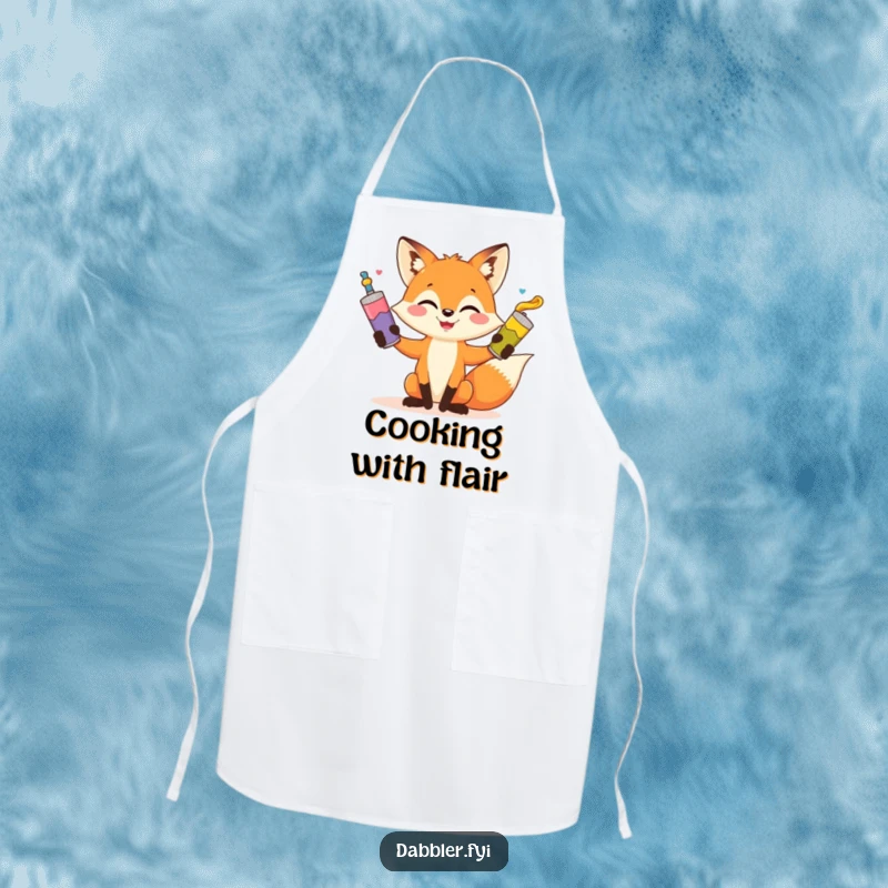 Funny fox artist apron, playful fox juggling paint tubes, protecting clothes with humor, functional and funny gift for artists.