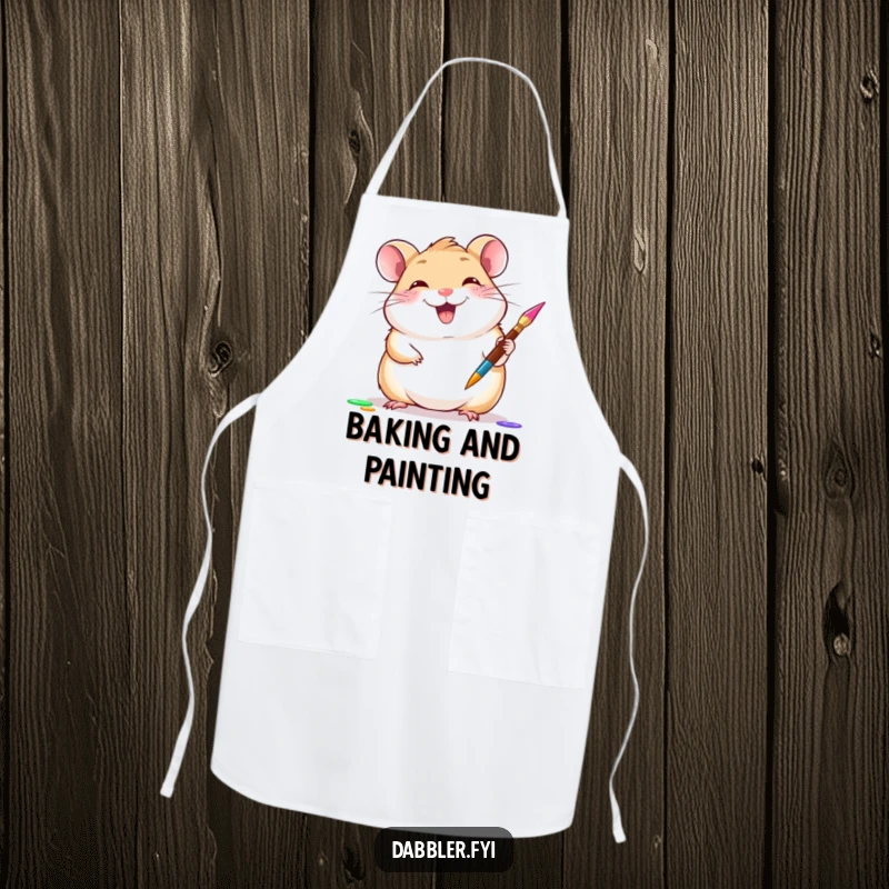Funny hamster apron showing a giggling hamster gleefully trying a new paintbrush, a practical funny gift.