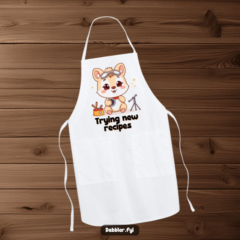 Funny apron showcasing a smiling animal character trying a new hobby with wide-eyed enthusiasm, perfect for humorous crafting sessions.