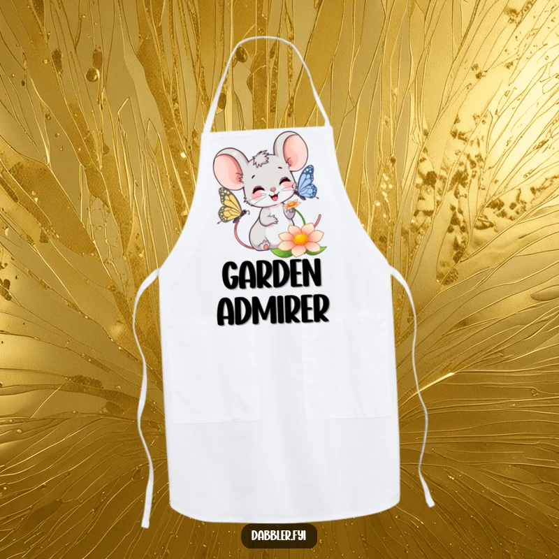 Funny Mouse Apron: Smiling mouse happily observing a butterfly on a flower, adding humorous charm to everyday tasks.