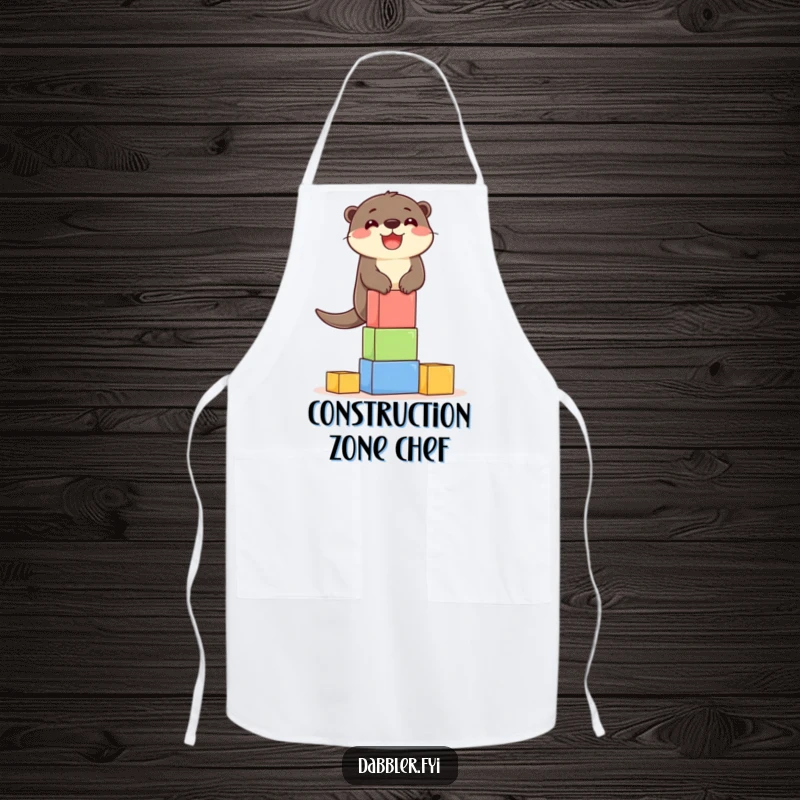Funny Apron: A delighted otter character carefully balancing a tower of colorful blocks, making kitchen tasks fun.