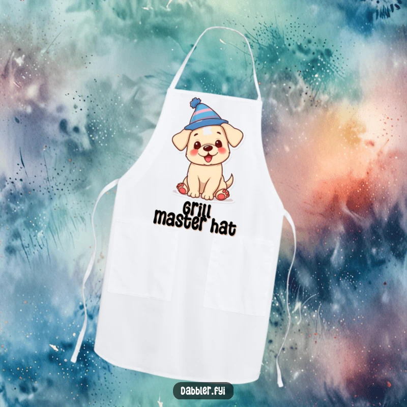 Funny apron with a happy puppy enthusiastically wearing a silly hat, perfect for the kitchen and a funny gift.