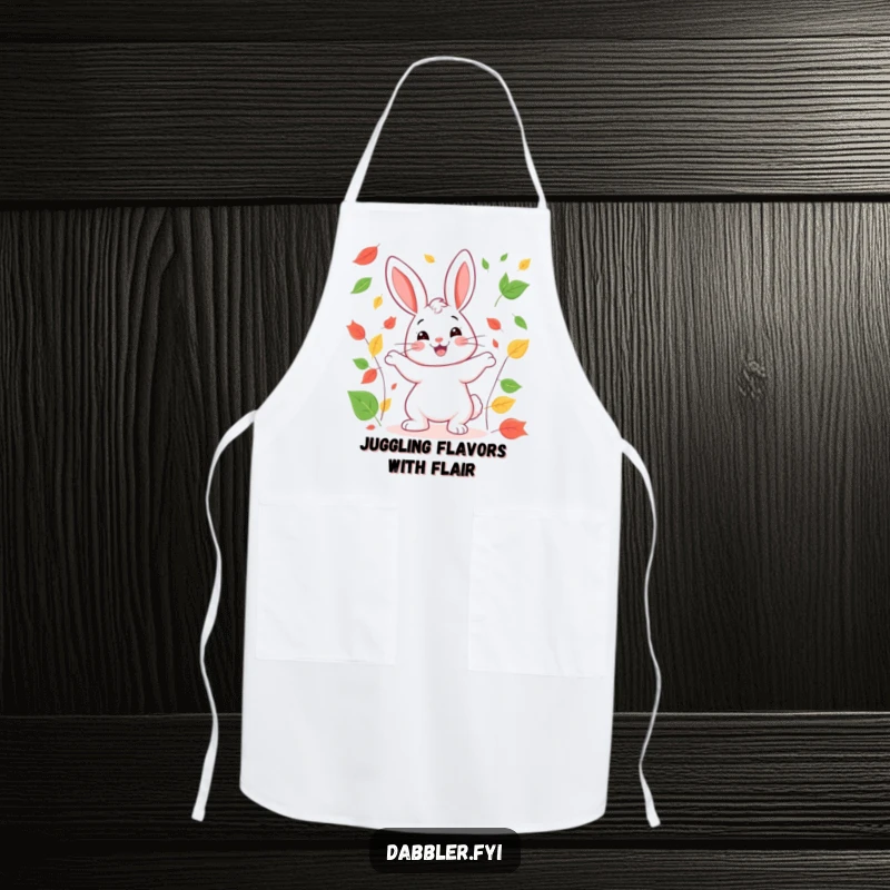 Funny rabbit apron displaying a happy rabbit juggling colorful leaves, a humorous and practical accessory for the kitchen.
