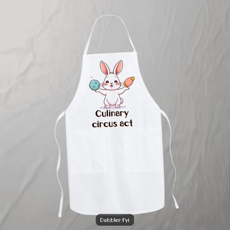 Funny apron featuring a rabbit juggling bright, colorful objects, perfect for cooking and a funny gift.