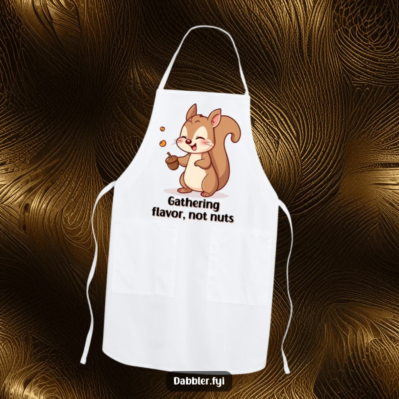 Funny squirrel apron displaying a playful squirrel energetically tossing an acorn, a humorous and practical accessory for the kitchen.