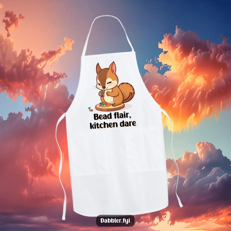 Funny Apron: A determined squirrel character meticulously glues tiny decorative beads onto a coaster, a humorous protective garment.