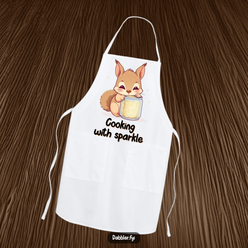 Funny squirrel glitter apron, curious squirrel peeking into glitter can, protecting clothes with humor, functional and funny gift for crafters.