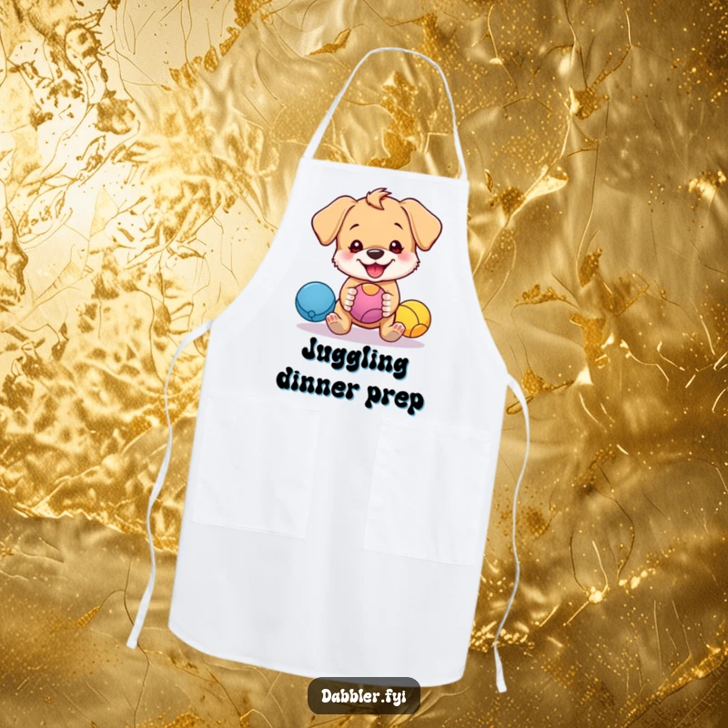 Funny apron with a cute puppy character humorously juggling colorful balls, ideal for a funny and functional kitchen accessory.