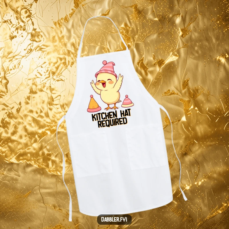 Funny bird apron, illustrating a bird enthusiastically trying on small hats, perfect for kitchen fun.