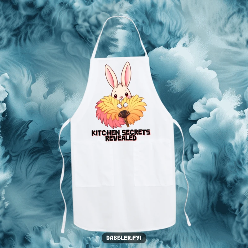 Funny Apron featuring a mischievous rabbit peeking playfully from behind a large, colorful feather fan, ideal for kitchen fun and protection.