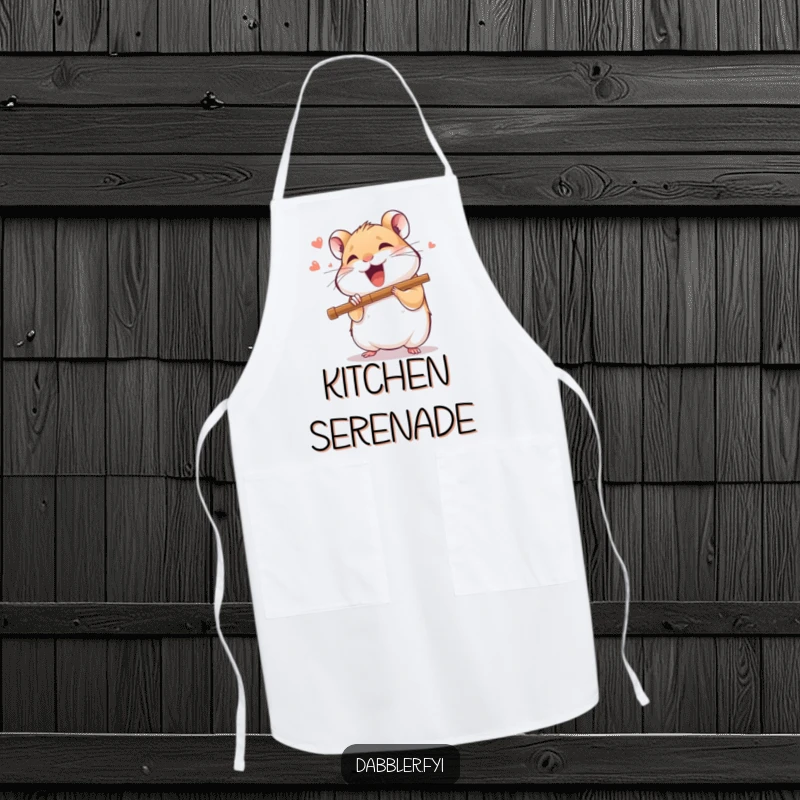 Funny apron showing a delighted hamster character playing a miniature flute with joyful abandon, ideal for kitchen or creative activities.