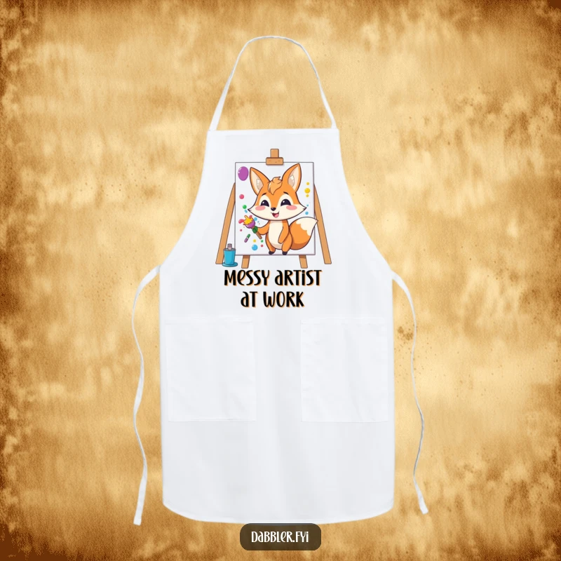 Funny Fox Apron: Happy fox character splashes colorful paint onto a blank canvas, ideal for artists.