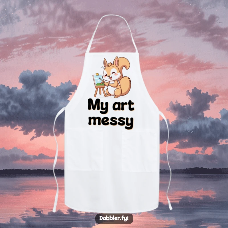 Funny apron showing a cheerful squirrel character excitedly painting a miniature picture, perfect for messy creative endeavors.