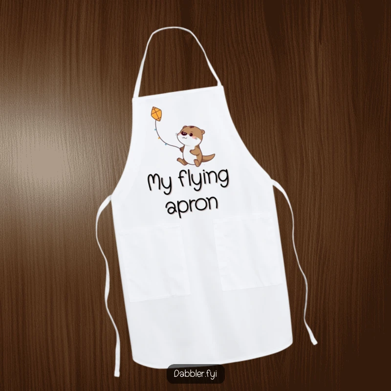 Funny apron showing a determined otter character trying to fly a small, handmade kite, ideal for outdoor or messy activities.
