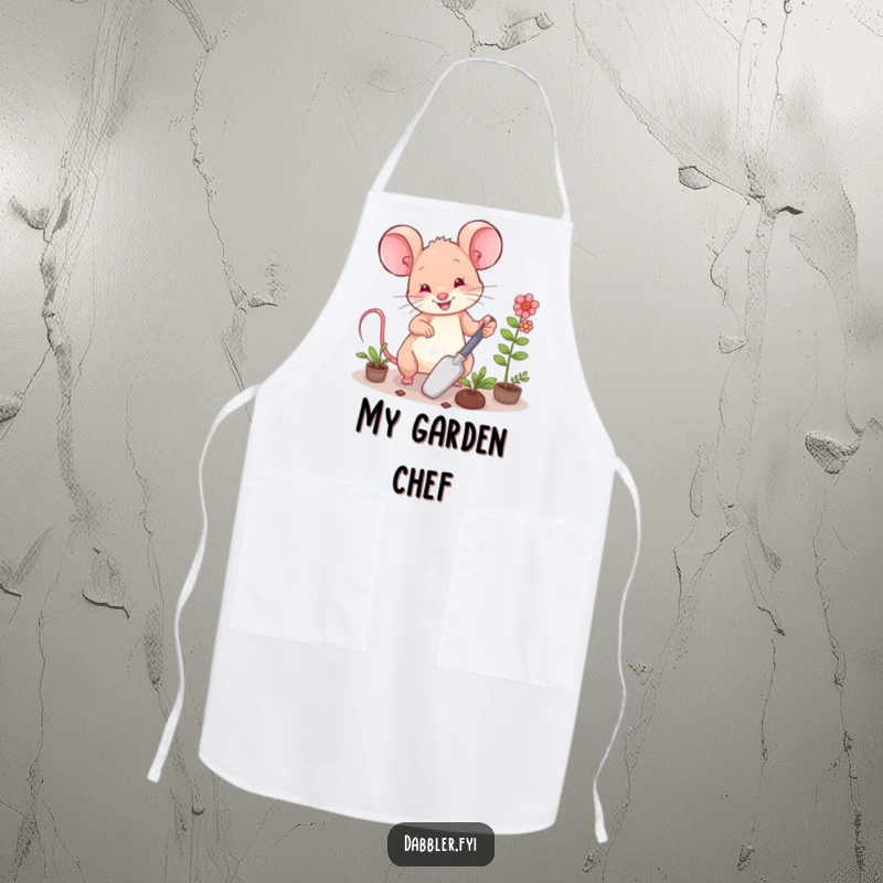 Funny Apron: A happy mouse character using a trowel to arrange miniature plants, perfect for garden tasks.