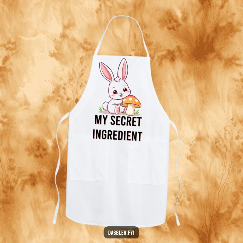 Funny happy bunny apron, curiously poking a colorful mushroom with one ear up, a humorous and practical accessory for kitchen or outdoor tasks.