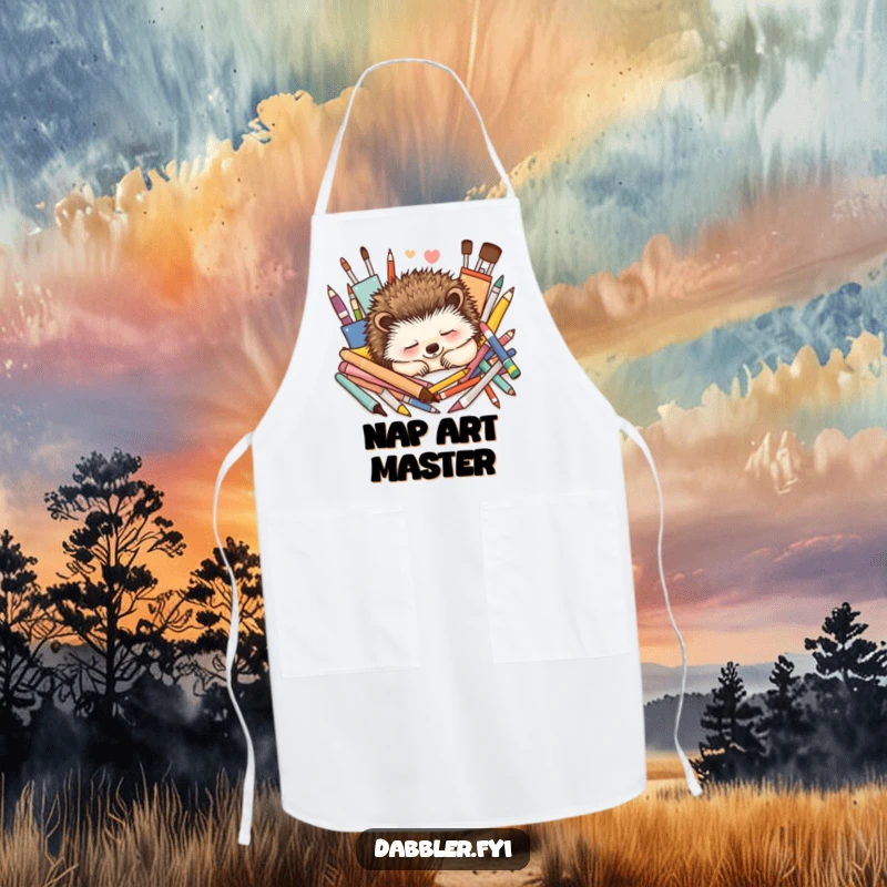Funny Apron: A contented hedgehog naps peacefully amongst colorful art supplies, perfect for quiet and clean artistic endeavors.