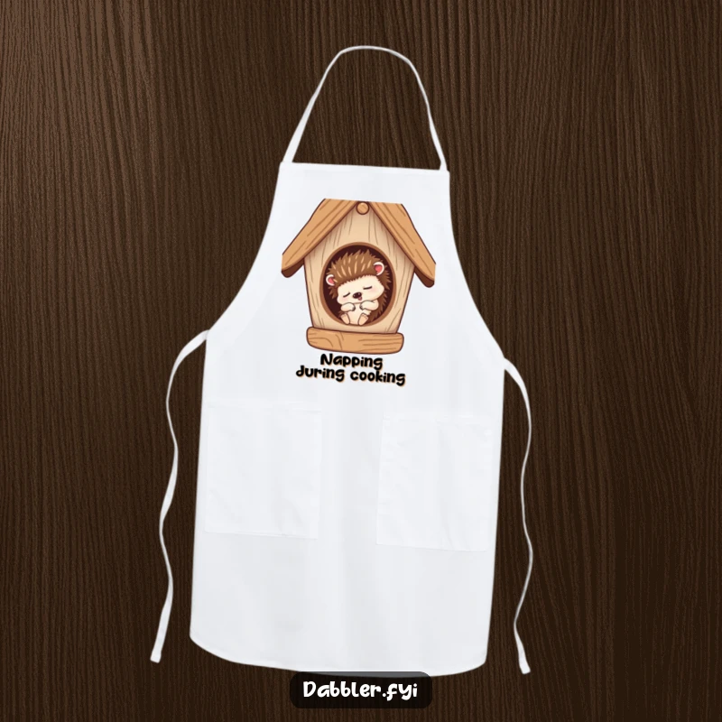 Funny Apron: A sleepy hedgehog character snoozing inside a cozy birdhouse, perfect for relaxing tasks.