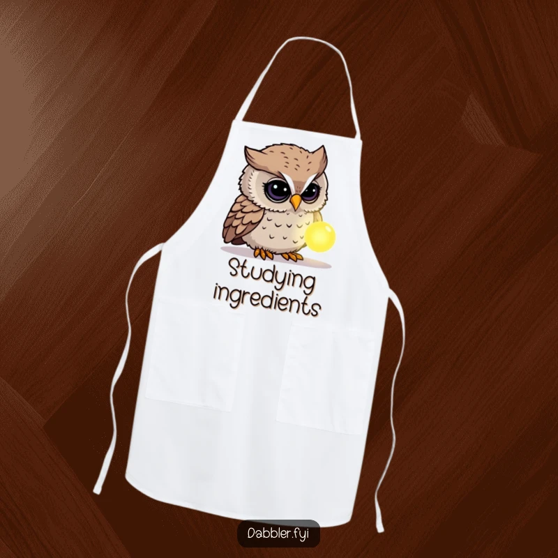 Funny Owl Apron: A curious owl character inspects a glowing, mysterious object while wearing an apron, adding kitchen humor.