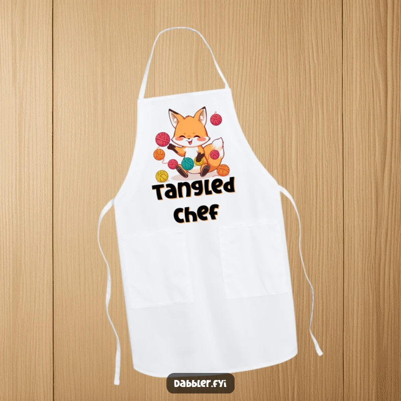 Funny apron featuring a playful fox character juggling colorful yarn balls, ideal for crafting and creative activities.