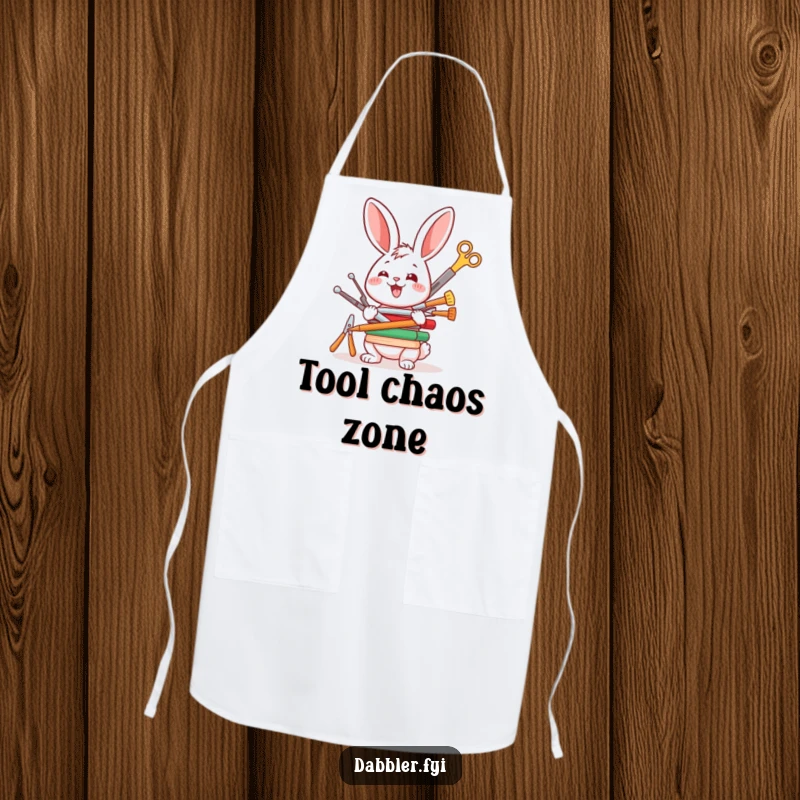 Funny apron showing a happy rabbit character enthusiastically balancing various crafting tools, ideal for messy creative endeavors.