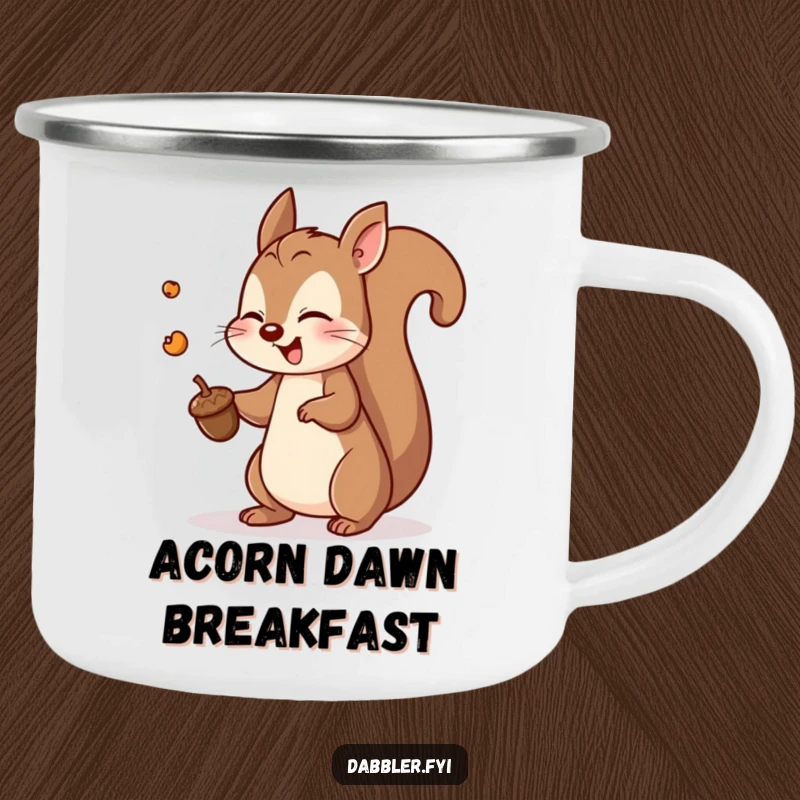 Funny squirrel camping mug showing a playful squirrel tossing an acorn, built for outdoor use and adding energetic fun.