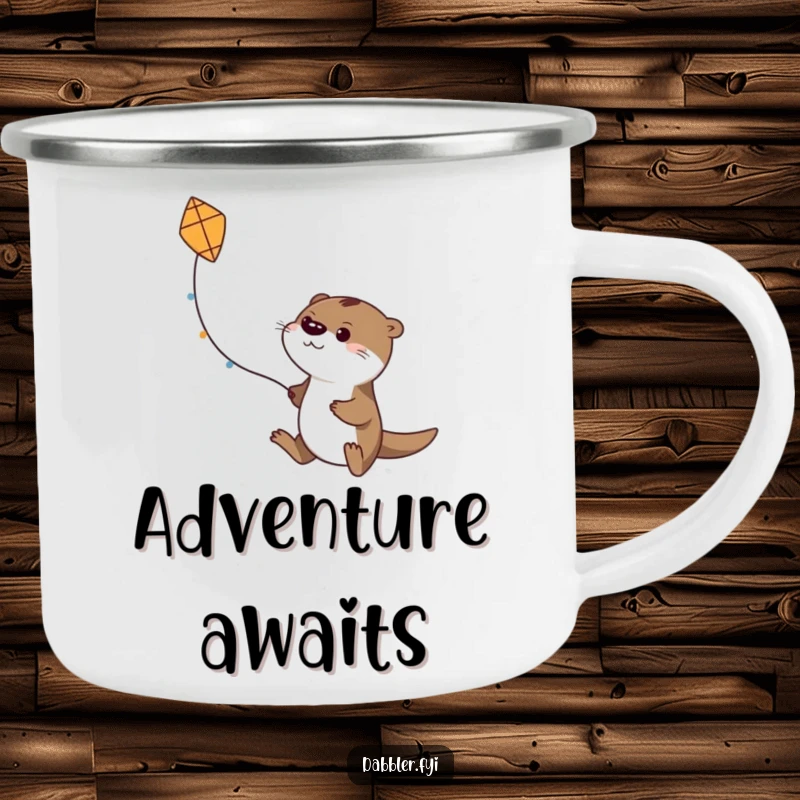 Funny camping mug illustration of a determined otter character flying a small, handmade kite during an outdoor adventure.