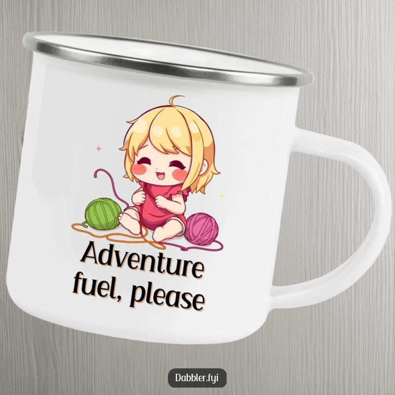 Funny camping mug showing a lively character enthusiastically experimenting with a rainbow of colorful embroidery threads, perfect for outdoor crafting sessions.