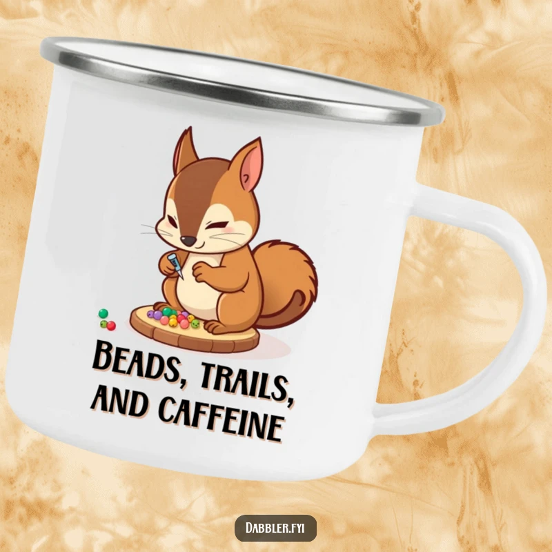 Funny Camping Mug: A determined squirrel artist meticulously glues beads on a coaster, ideal for outdoor crafting humor.