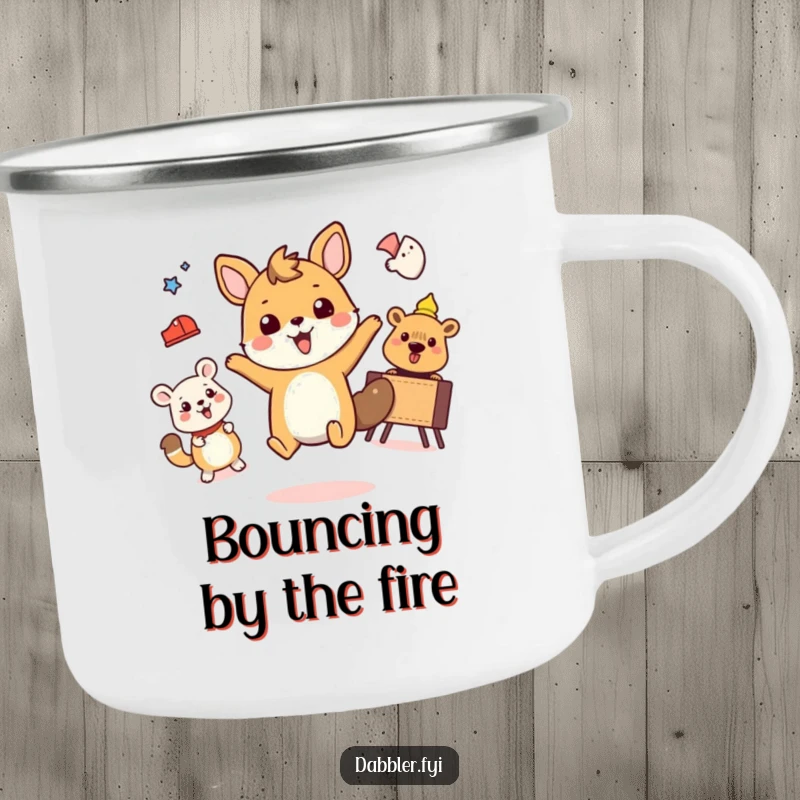 Funny camping mug showing a cheerful animal enthusiastically hiking and fishing.