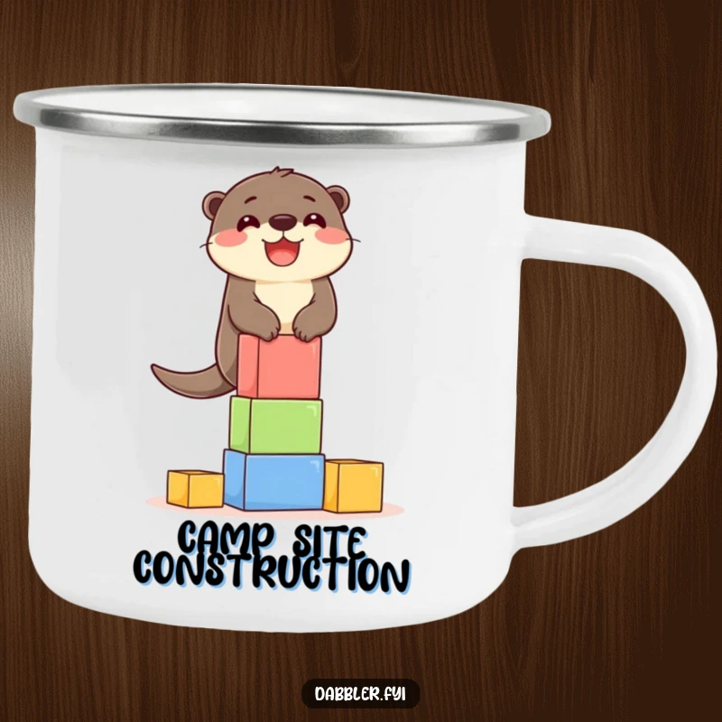 Funny Camping Mug: A delighted otter character balancing a tower of blocks, perfect for outdoor adventures.