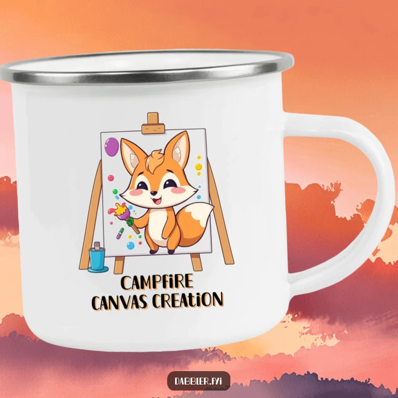 Funny Fox Camping Mug: Happy fox splashes colorful paint onto a blank canvas, great for outdoors.