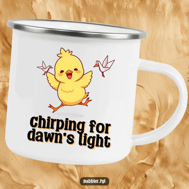 Funny Camping Mug: A playful chick dances with joy holding an origami crane, a cheerful and durable mug for outdoors.