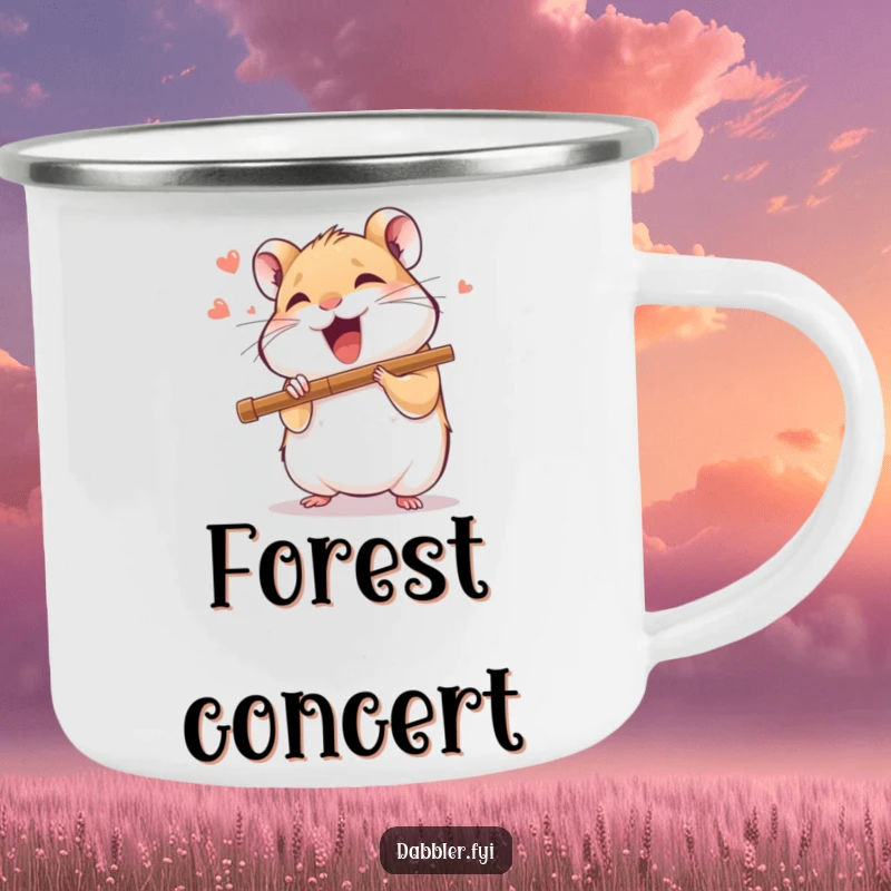 Funny camping mug illustration of a delighted hamster character playing a miniature flute with joyful abandon during an outdoor setting.