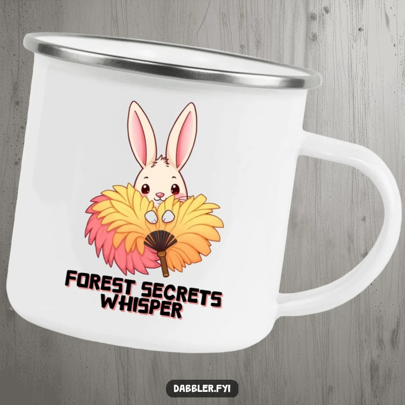 Funny Camping Mug featuring a mischievous rabbit peeking playfully from behind a large, colorful feather fan, ready for outdoor fun and warm drinks.