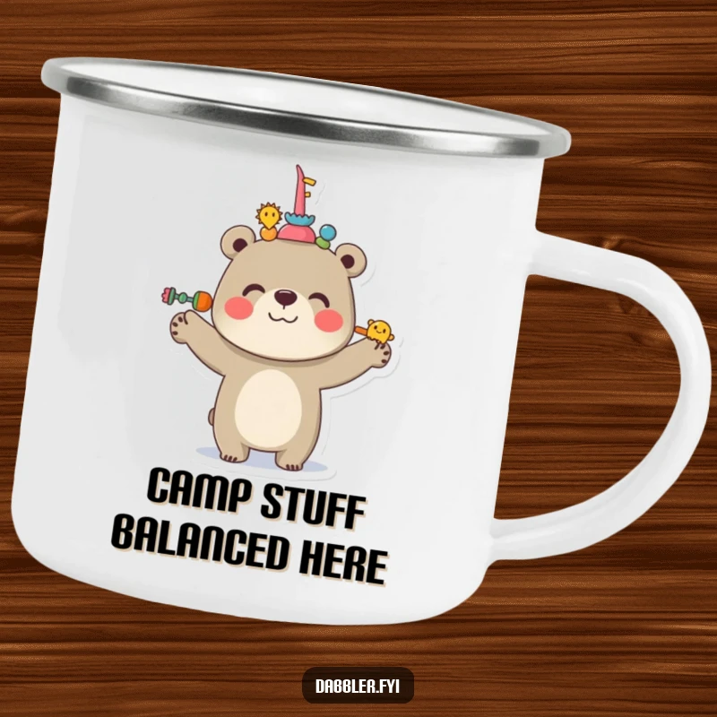 Funny Bear Camping Mug featuring a cheerful bear balancing items on its nose, ideal for outdoor enthusiasts with a sense of humor.