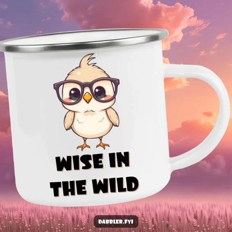Funny Bird Camping Mug showcasing a bird wearing oversized glasses, ready for outdoor fun and humorous sips.