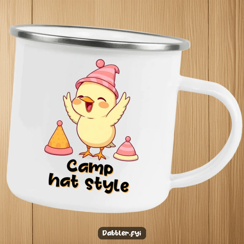 Funny bird camping mug, showing a bird trying on tiny hats, ideal for outdoor adventures.