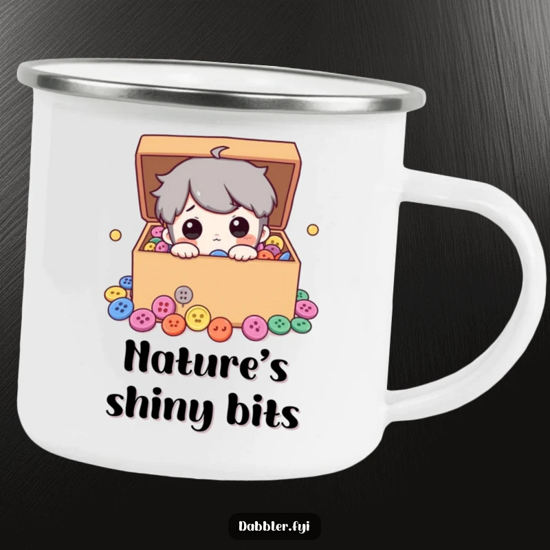 Funny camping mug showing a curious character peeking into a box overflowing with vibrant colorful buttons, perfect for outdoor crafting sessions.