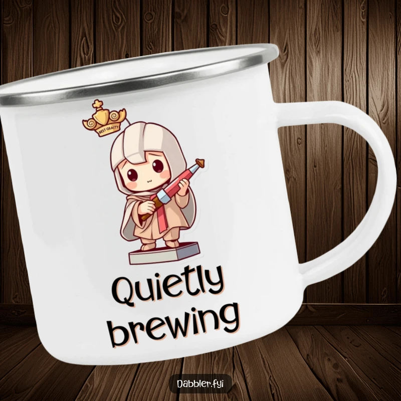 Funny camping mug showing a mischievous character pretending to be a statue holding a tiny crafting tool, perfect for outdoor crafting sessions.