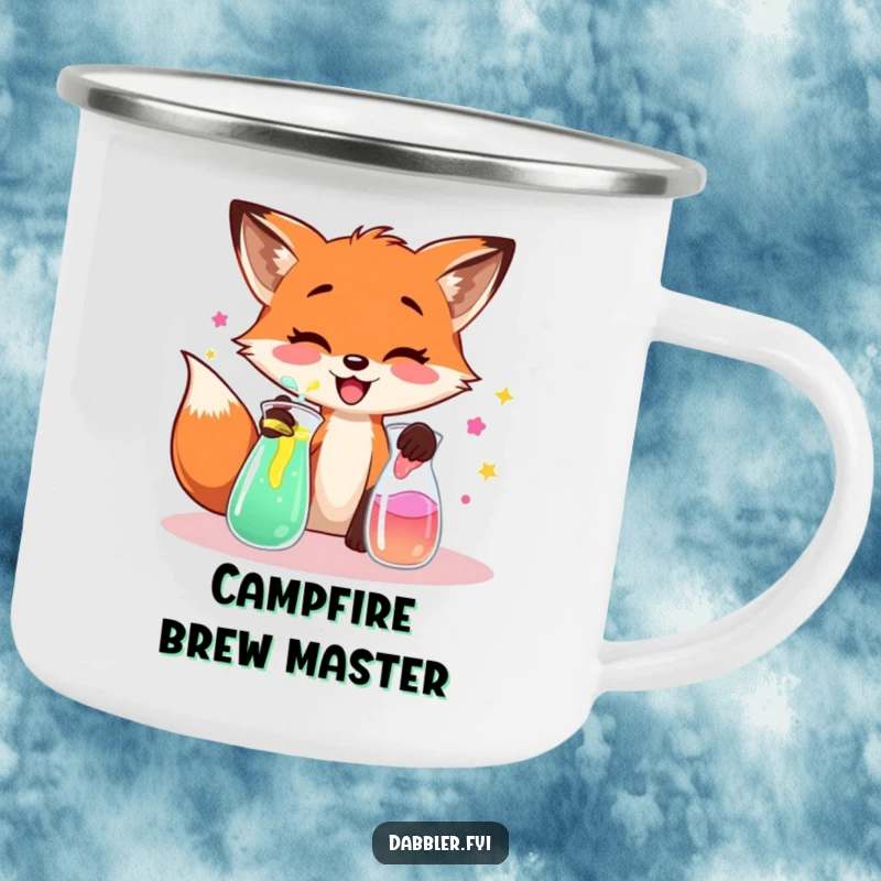 Funny fox camping mug, showing a fox mixing colorful liquids, built for outdoor adventures.