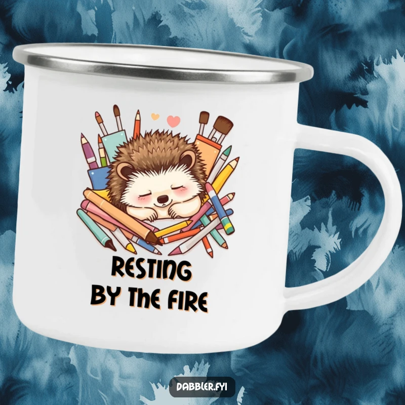 Funny Camping Mug: A contented hedgehog naps peacefully amidst colorful art supplies, ready for outdoor serenity and beverages.